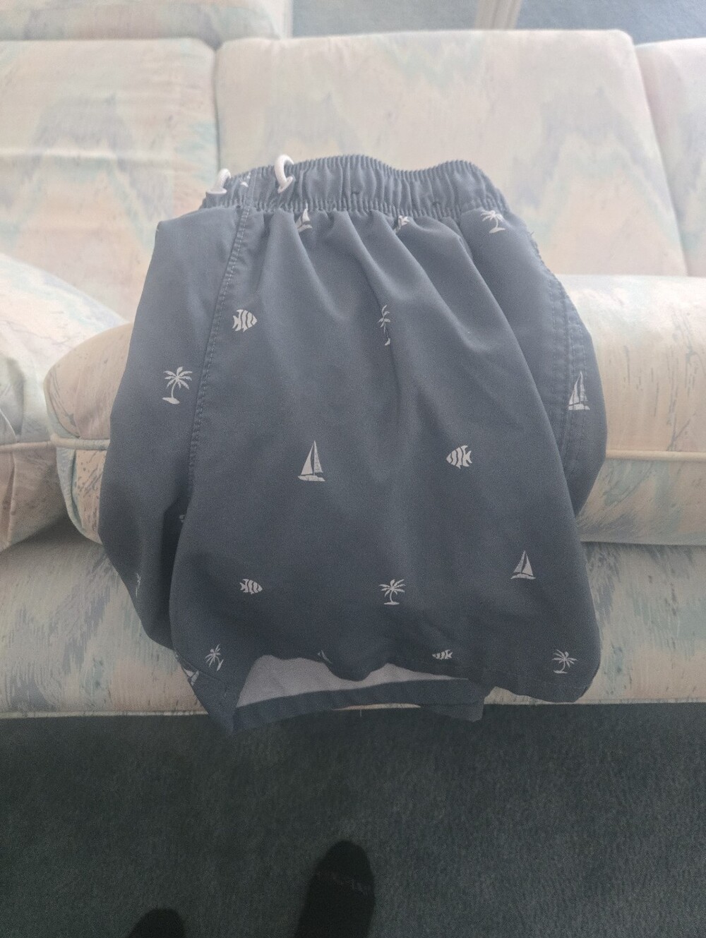 Hollister Navy Blue Nautical Swim Trunks with White Beach Motif